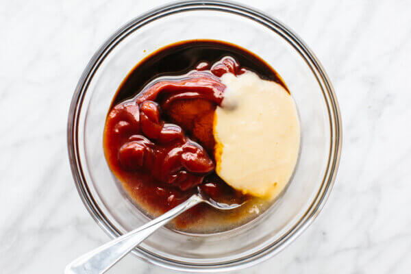 Mixing cocktail sauce in a bowl for shrimp cocktail
