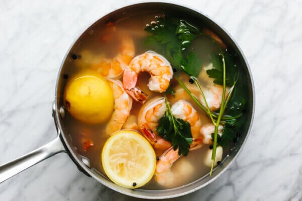 Poached shrimp in a pot for shrimp cocktail