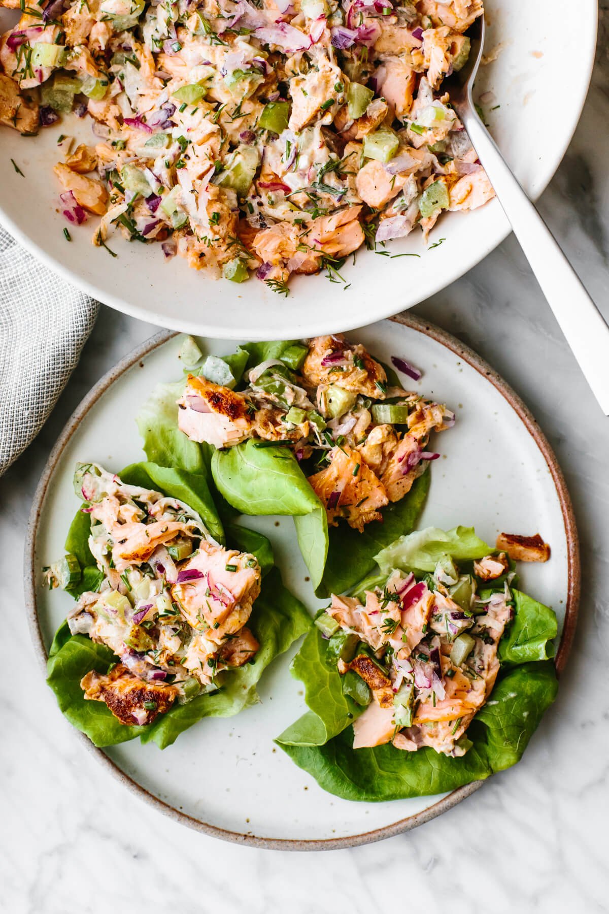 Salmon salad on butter lettuce leaves