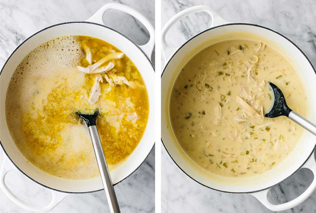 Cooking Avgolemono soup in a big white pot