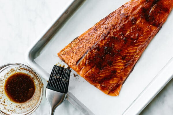 A sheet pan with a chili lime trout