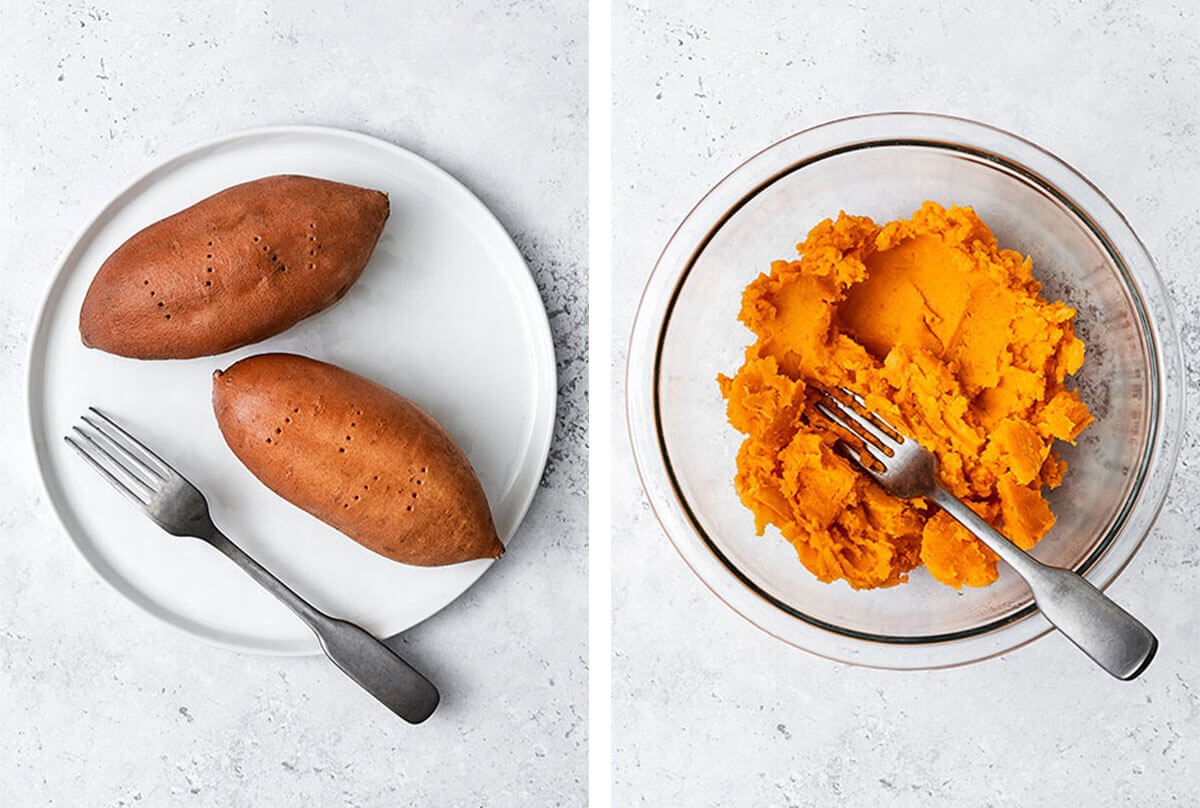 Making sweet potato puree for sweet potato brownies