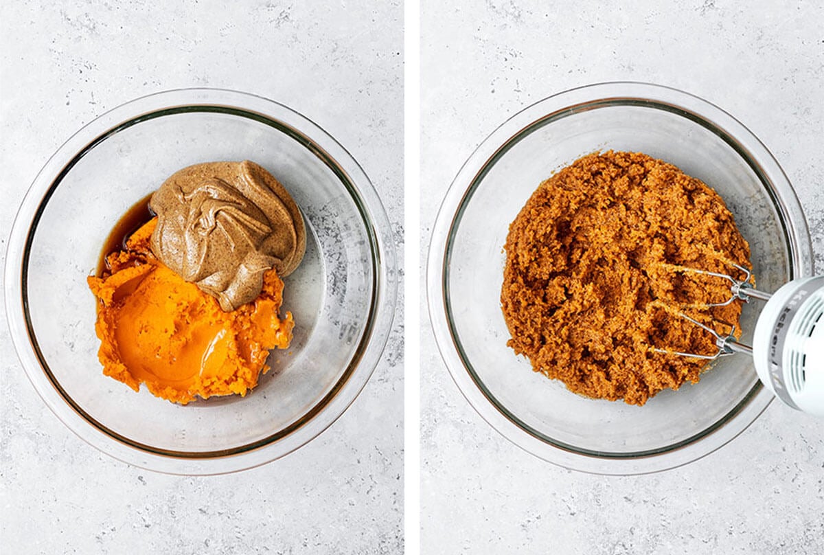 Mixing wet ingredients in a bowl for sweet potato brownies