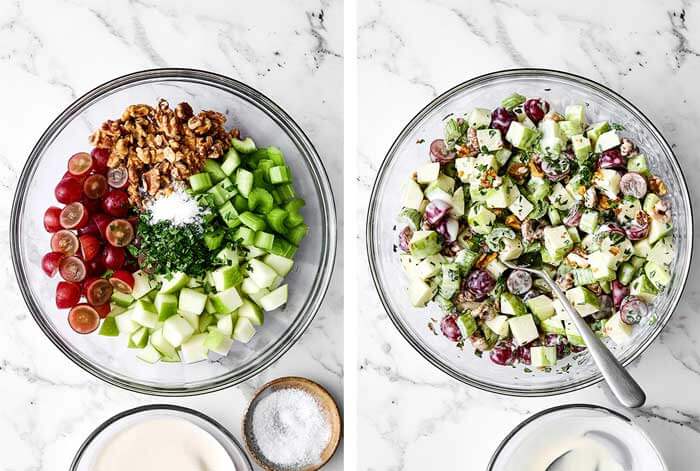 Tossing Waldorf salad together in a bowl.