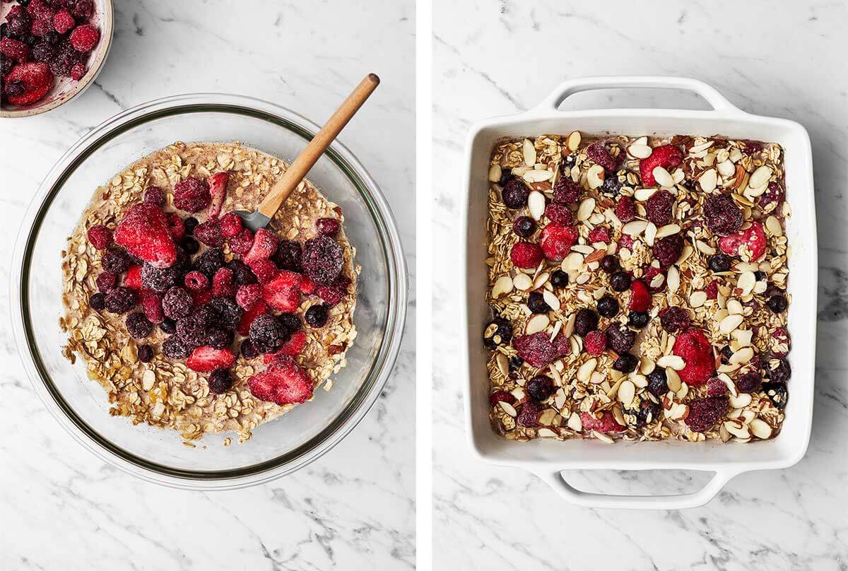Berry baked oatmeal ingredients in a baking dish