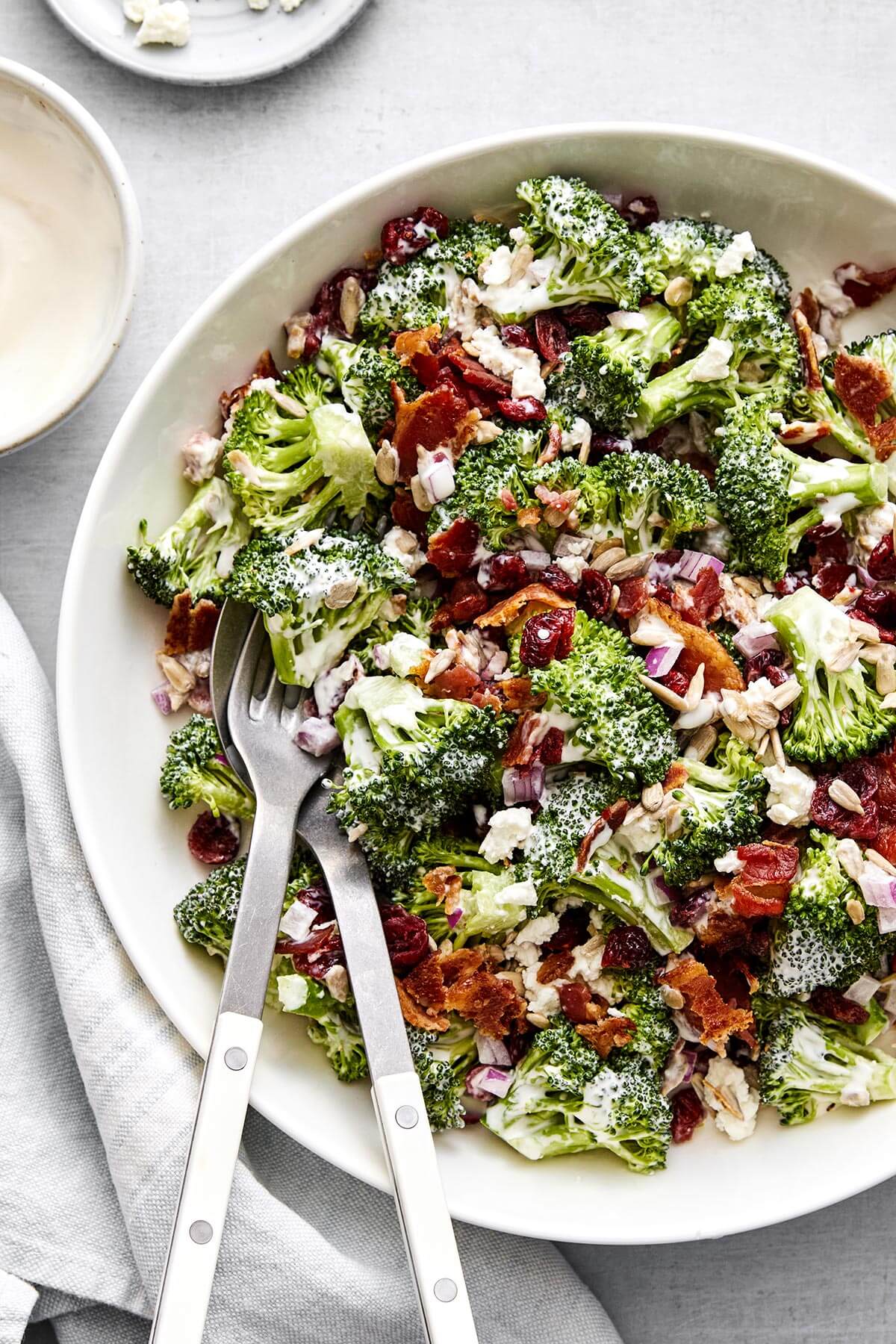 A bowl of broccoli salad for a party side dish.