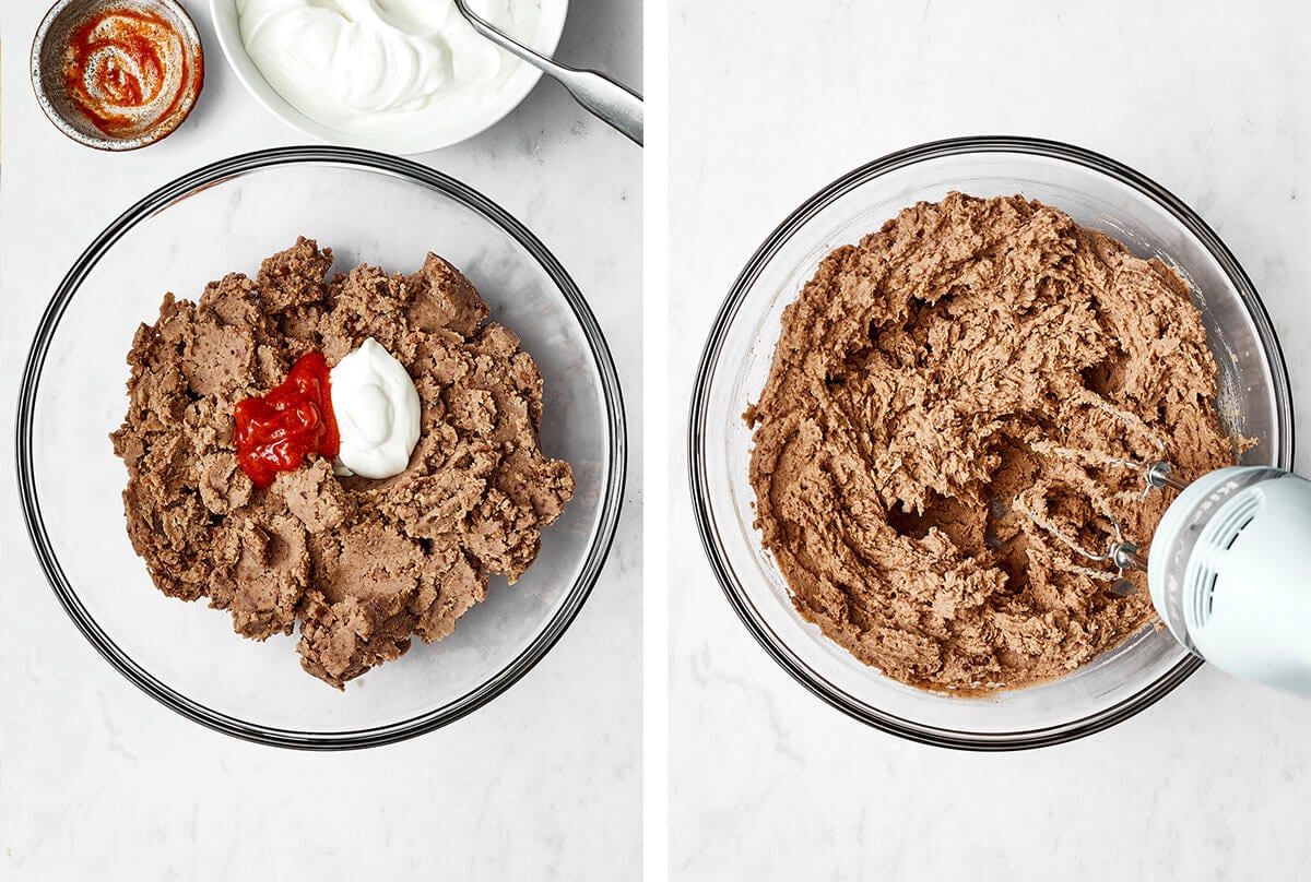 Mixing refried beans for a 7 layer dip