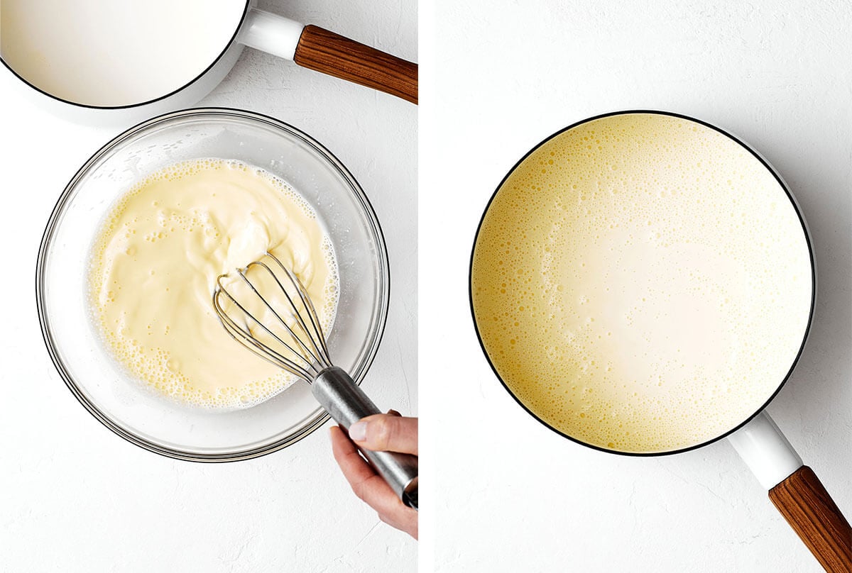 Tempering eggs in pot for chocolate pots de creme