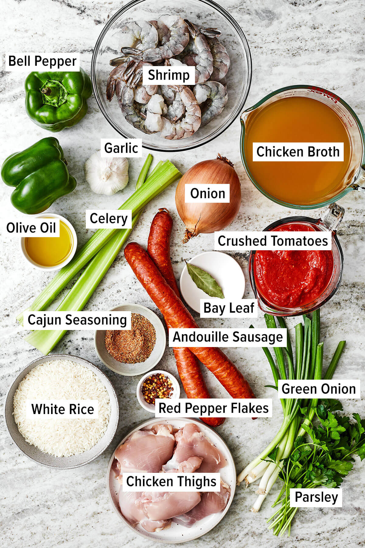 Ingredients for jambalaya on a table