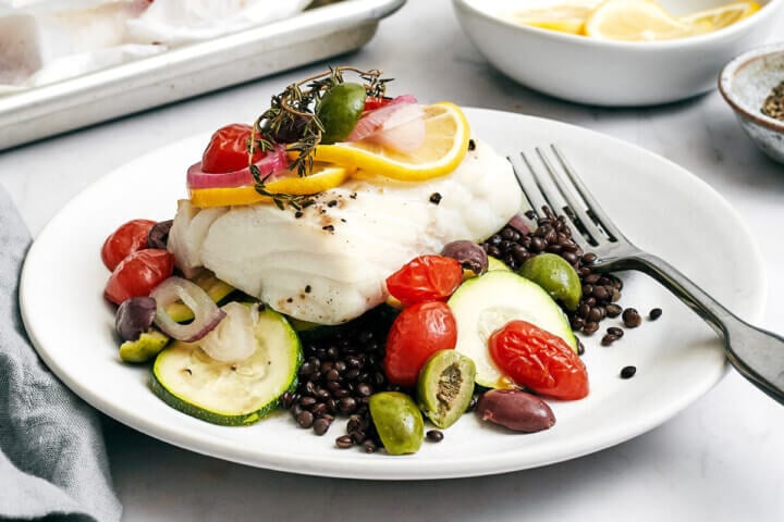 Mediterranean cod on a bed of lentils