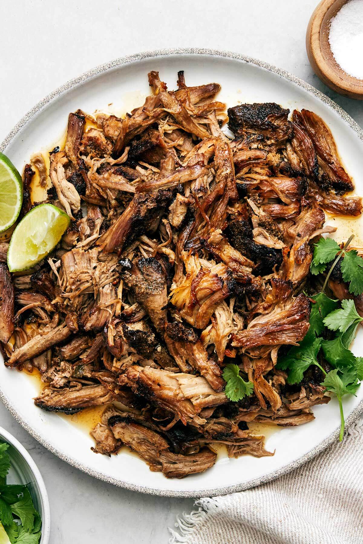 The best Mexican carnitas recipe that's juicy, full of flavor, fall-apart tender, and super easy to make in a slower cooker! Carnitas on a plate.