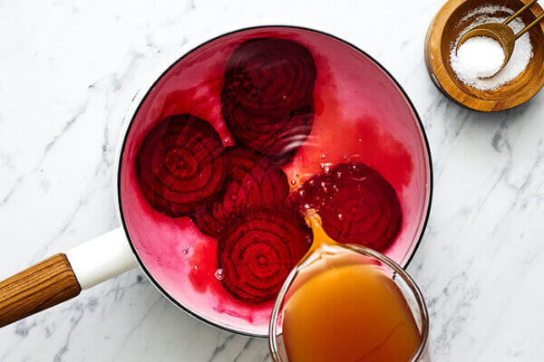 Beet mixture in pot for deviled eggs