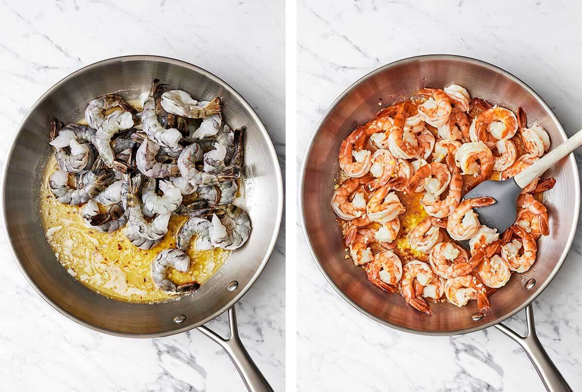 Cooked shrimp in a pan for shrimp scampi