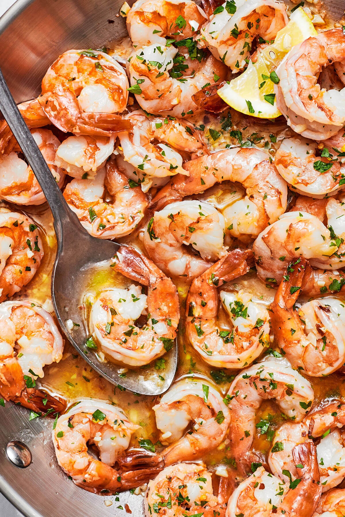Close up of shrimp scampi in a pan