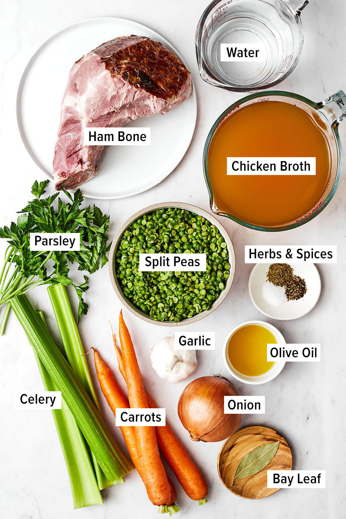 Ingredients for split pea soup on a table