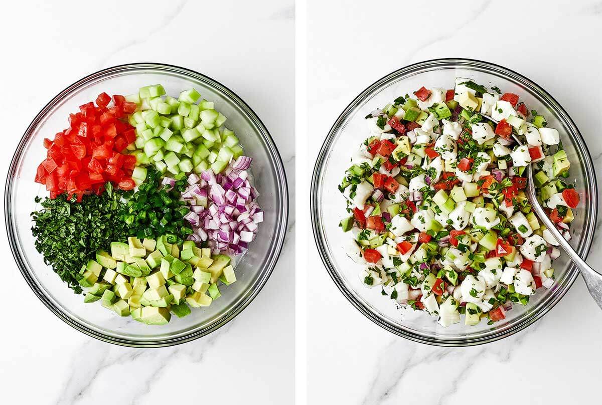Mixed ceviche in a glass bowl