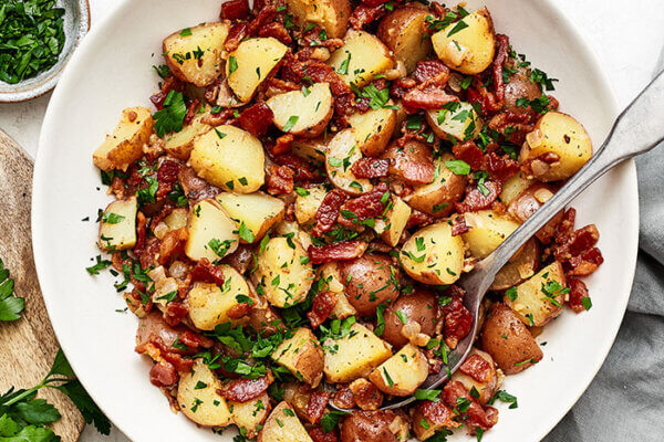 A big white bowl of German potato salad