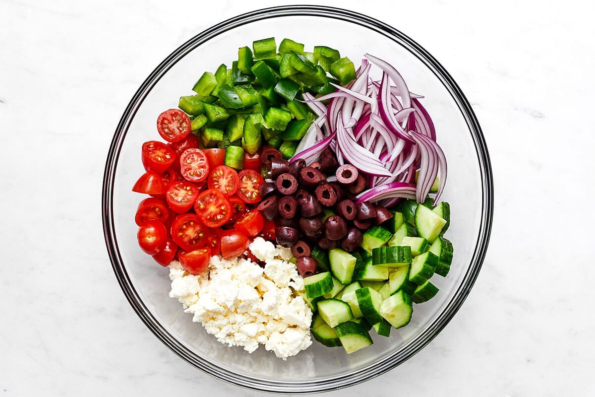 Ingredients for Greek salad in a bowl