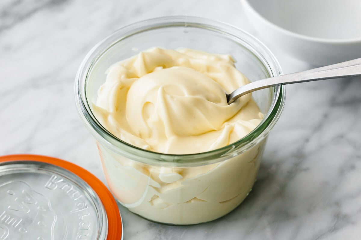 Mayonnaise in a glass jar.