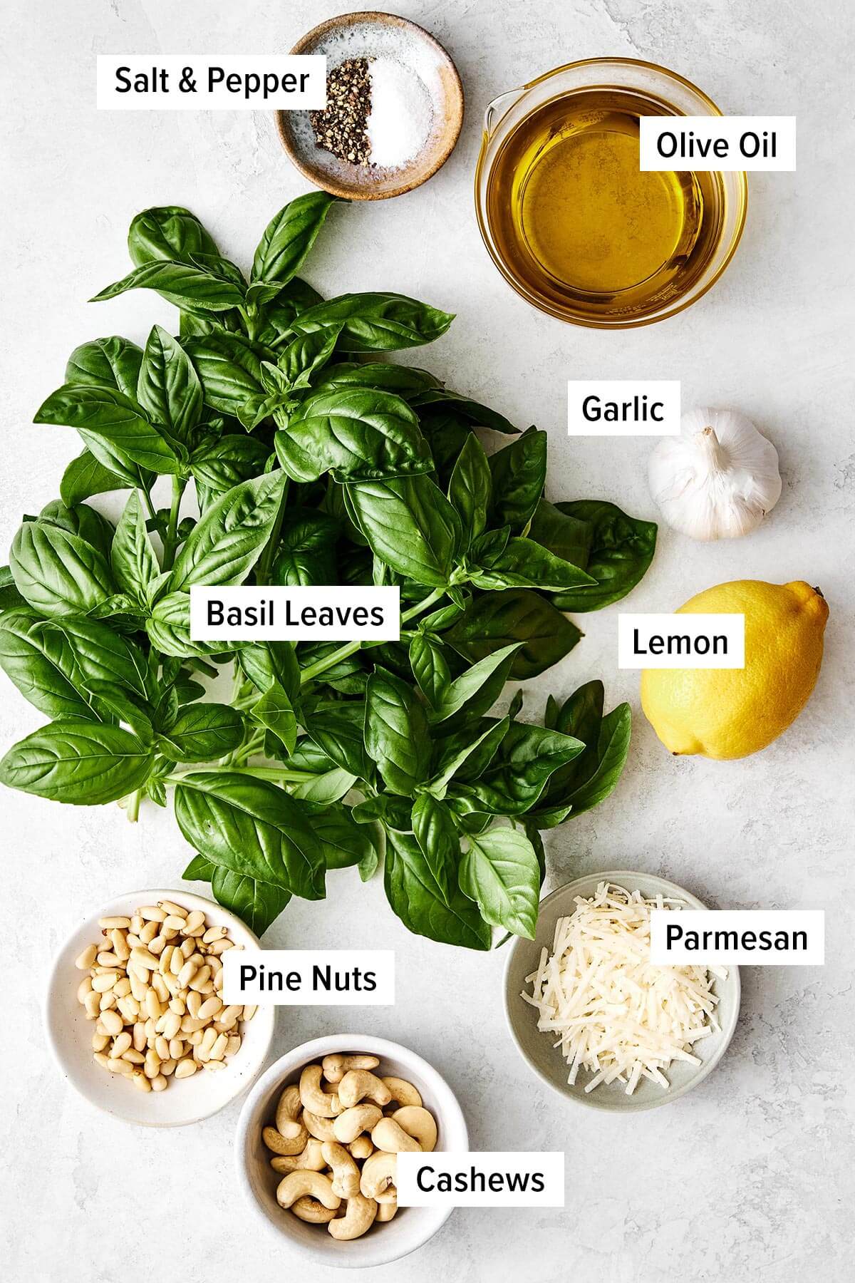 Ingredients for basil pesto sauce.