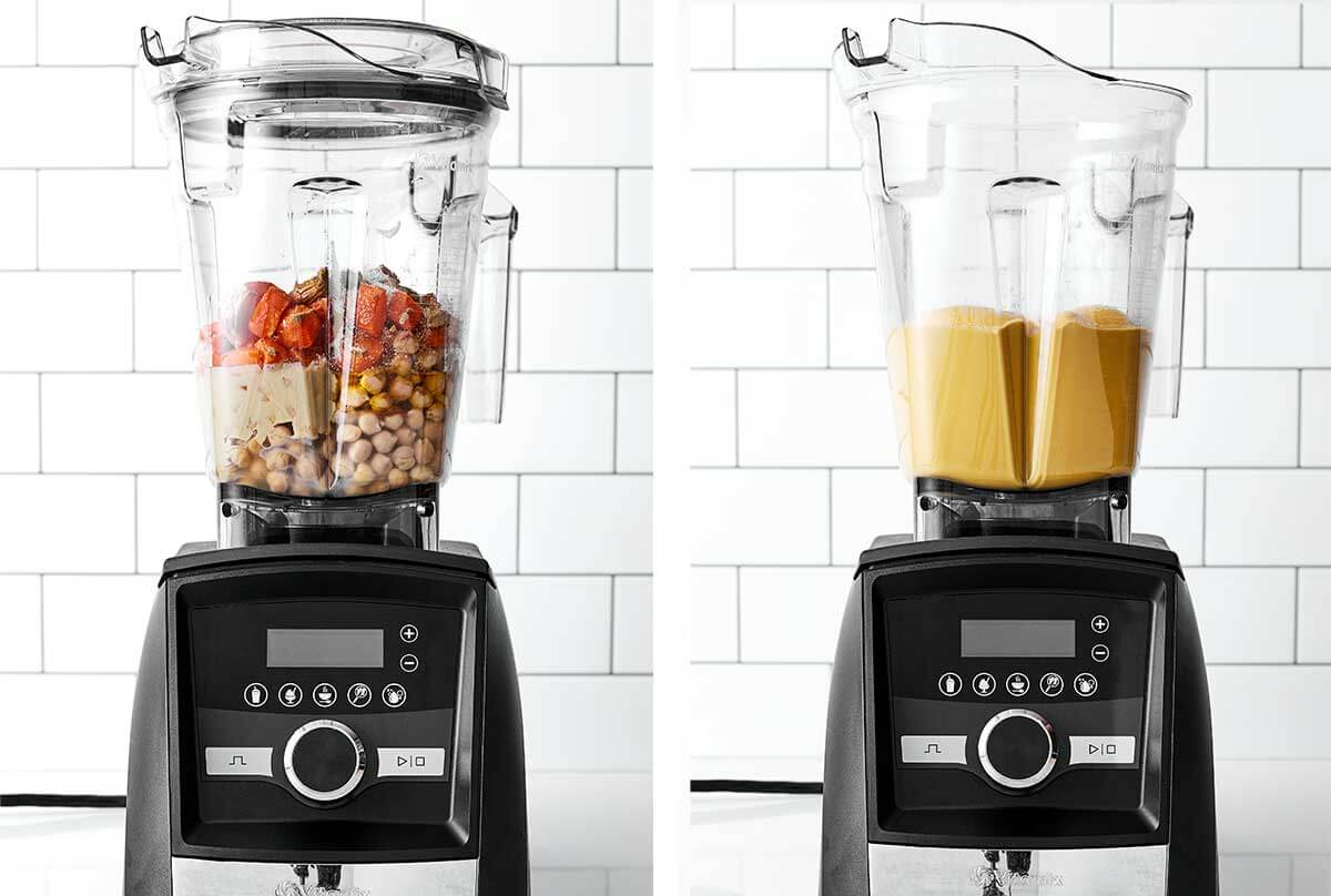 Blending carrot hummus in Vitamix