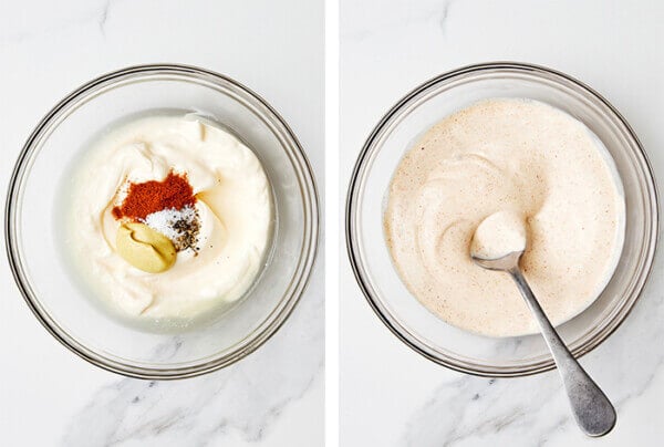 Stirring crab salad dressing in a bowl