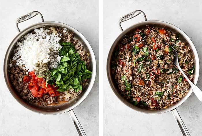 Cooked stuffed pepper filling in a pan.