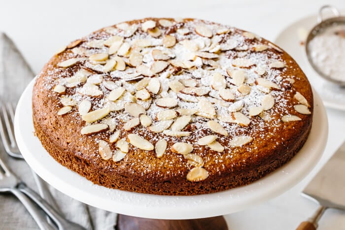 A close up of an almond cake