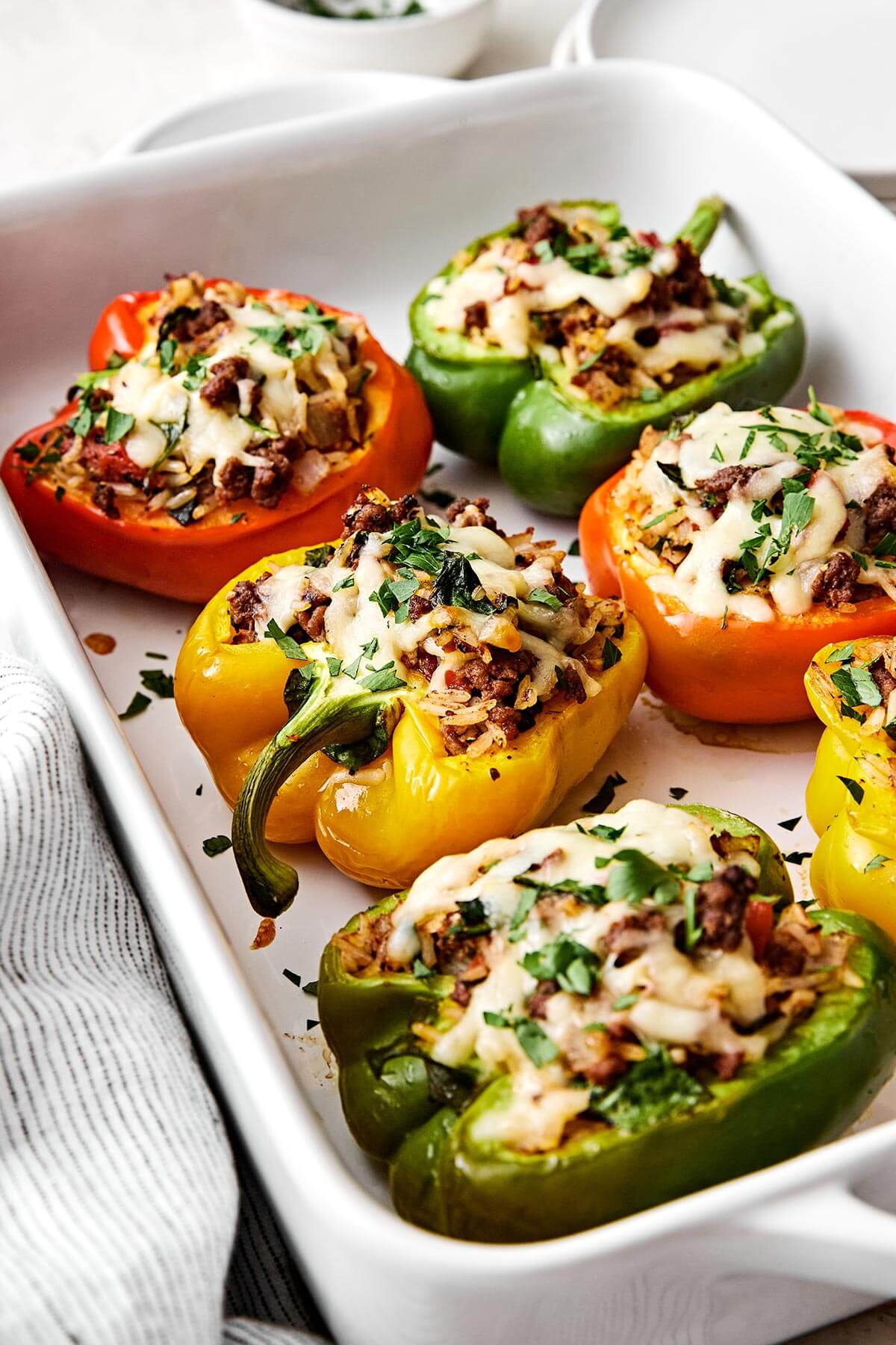 Cooked stuffed bell peppers.