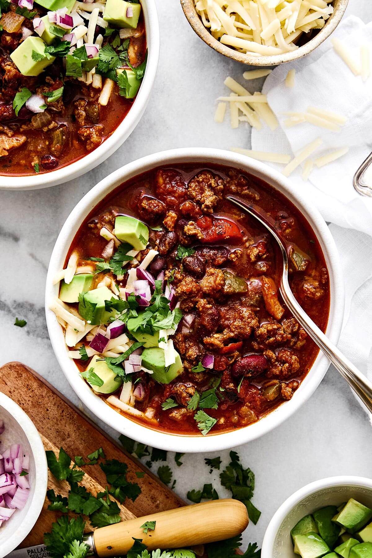 Beef chili in a bowl.