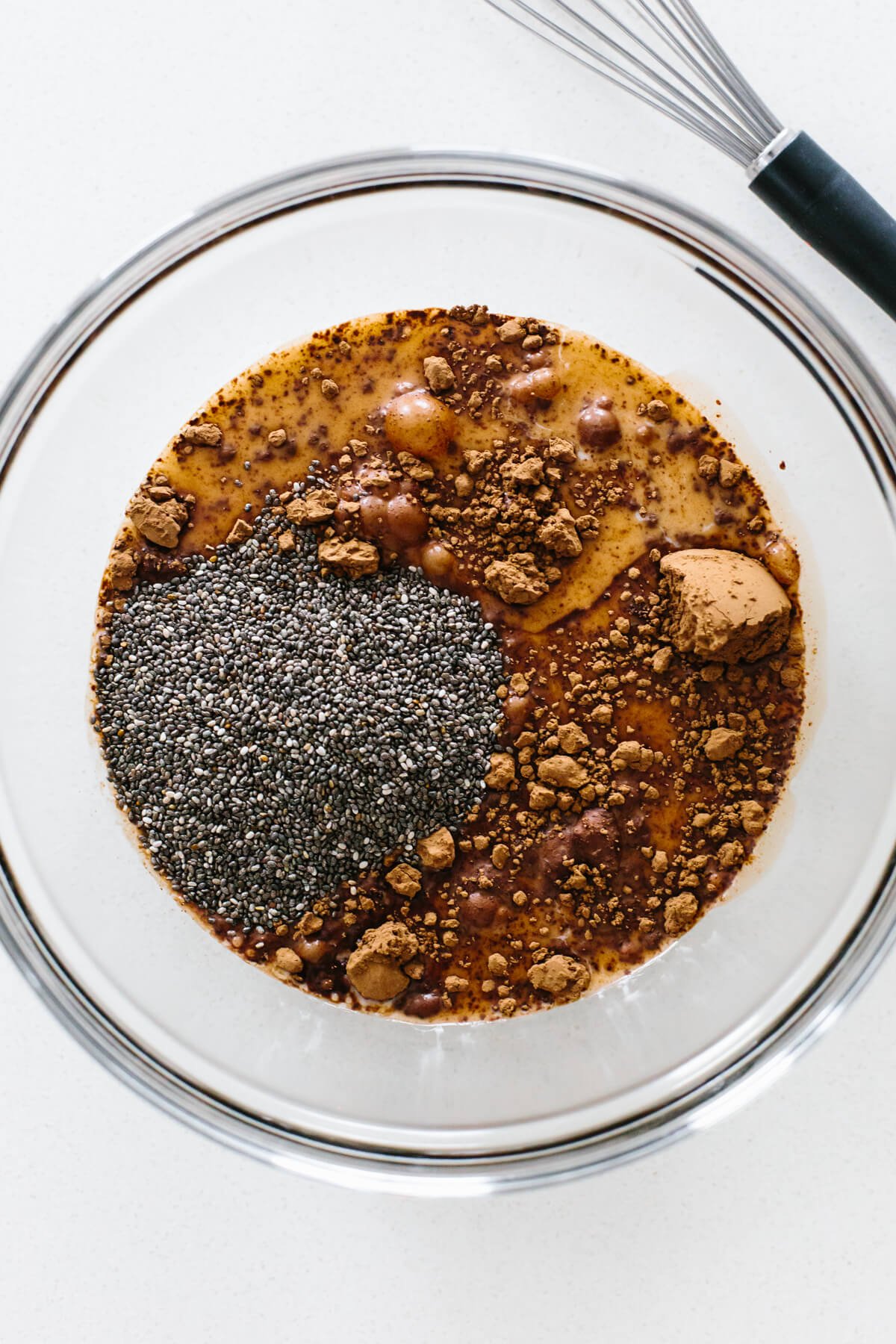 Chocolate chia pudding ingredients in a bowl