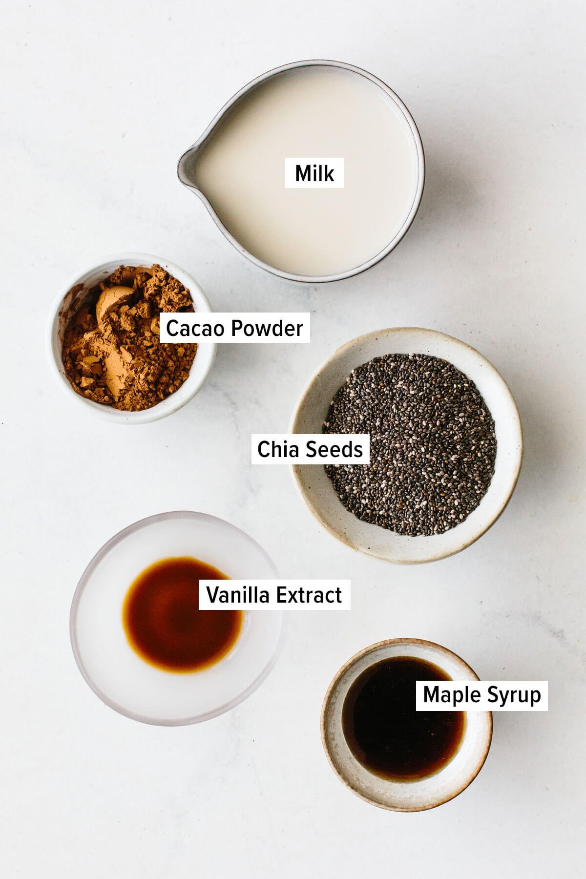 Ingredients for chocolate chia pudding