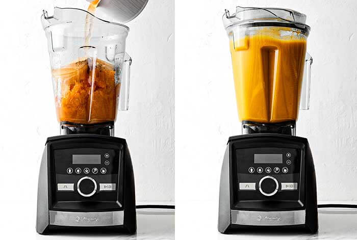Blending butternut squash soup in Vitamix.