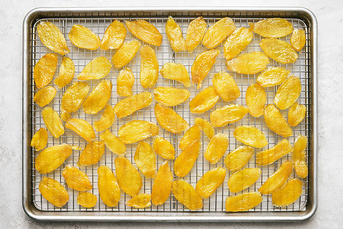 A sheet pan of candied ginger