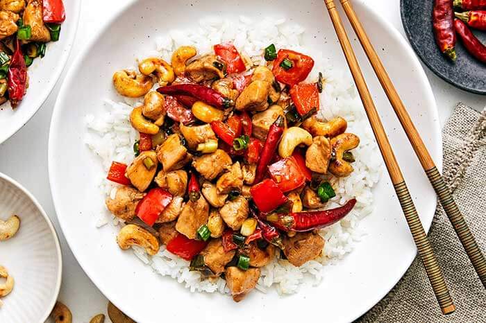 Kung pao chicken over white rice