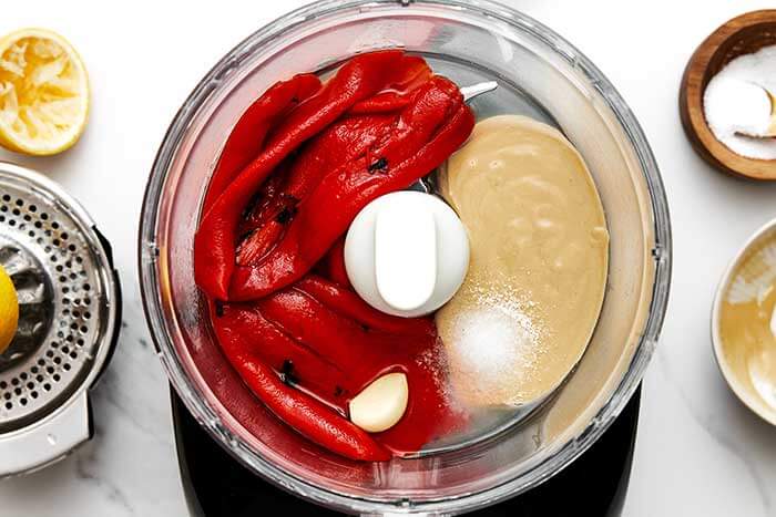 Roasted red pepper tahini sauce ingredients in food processor