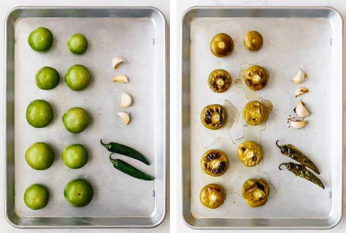Roasting salsa verde ingredients on a sheet pan