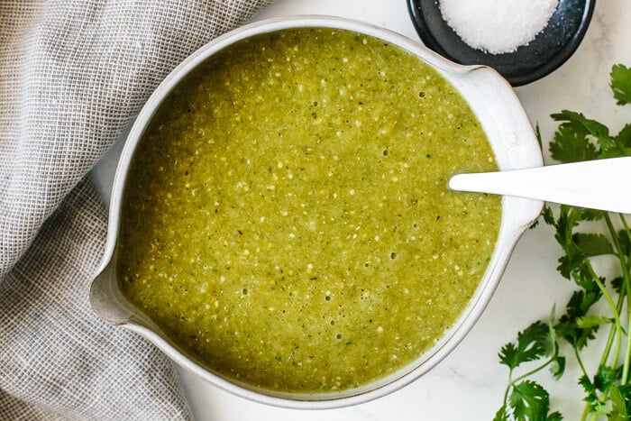 Salsa verde in a serving bowl.