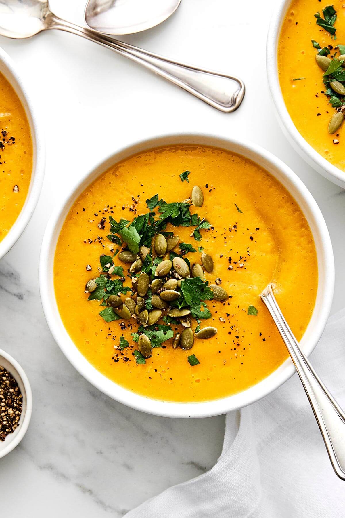 A bowl of butternut squash soup.
