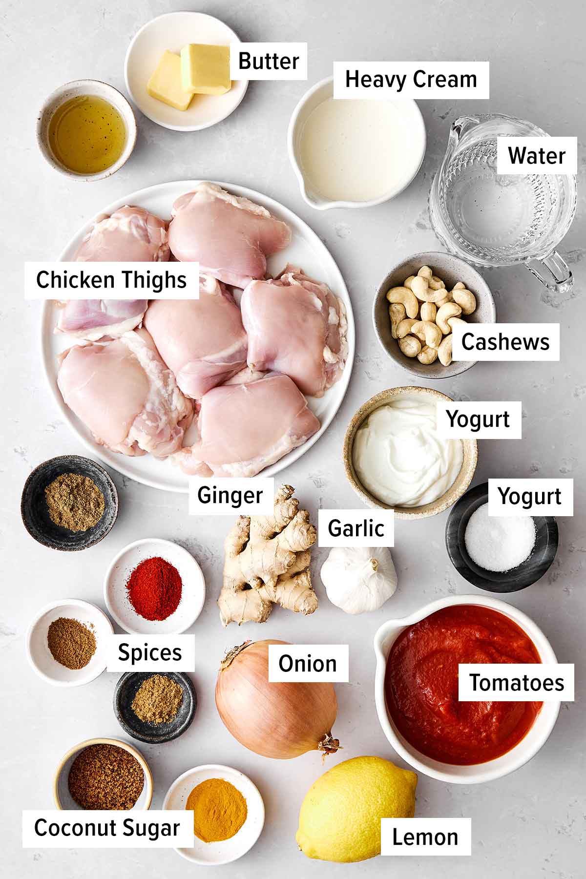 Ingredients for Indian butter chicken.