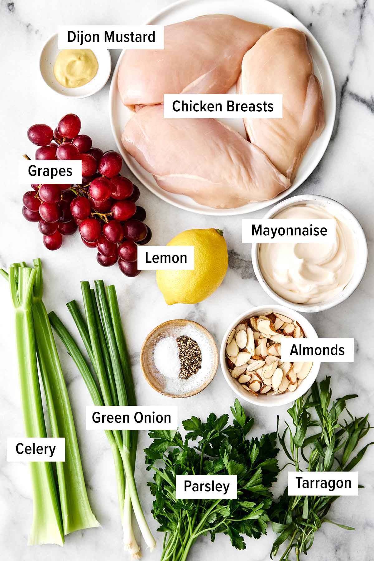 This is everyone's favorite chicken salad! It's layered with fresh flavors, delicious textures, and is sure to be a potluck winner. Chicken salad ingredients.