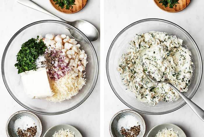 Stirring a crab filling in a bowl