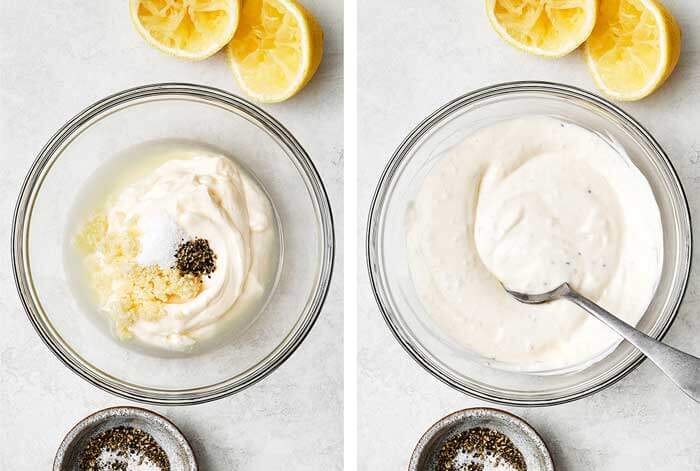 Mixing garlic aioli in a glass bowl