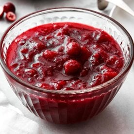 A bowl of homemade cranberry sauce.