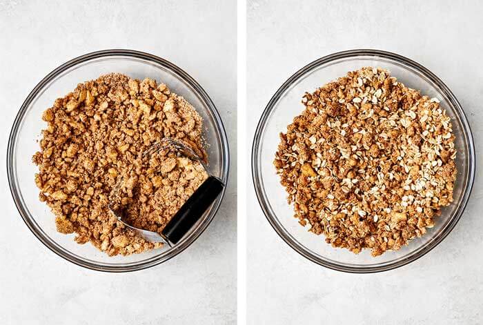 Mashing apple crisp topping in a bowl.