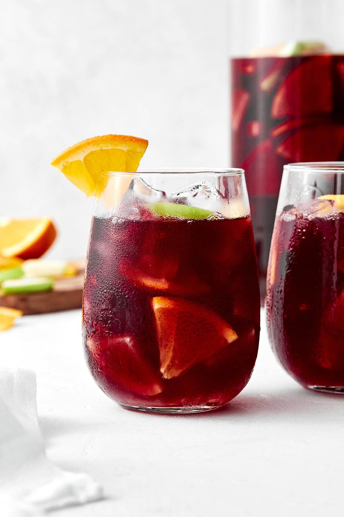 A pitcher of this red sangria feels is the perfect cocktail for a crowd! All you need is Spanish red wine, brandy, and fresh fruit. A glass of red sangria.