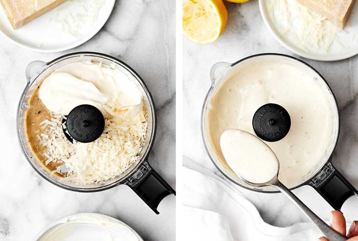 Blending Caesar dressing in a food processor.