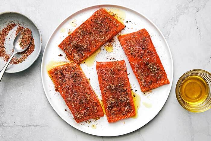Blackened seasoning on salmon.