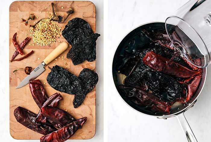 Simmering Mexican chiles in a pot.