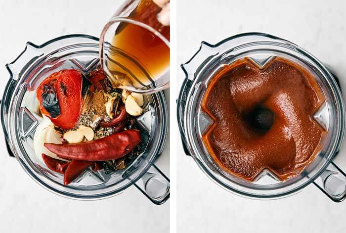 Blended birria sauce in a Vitamix blender.